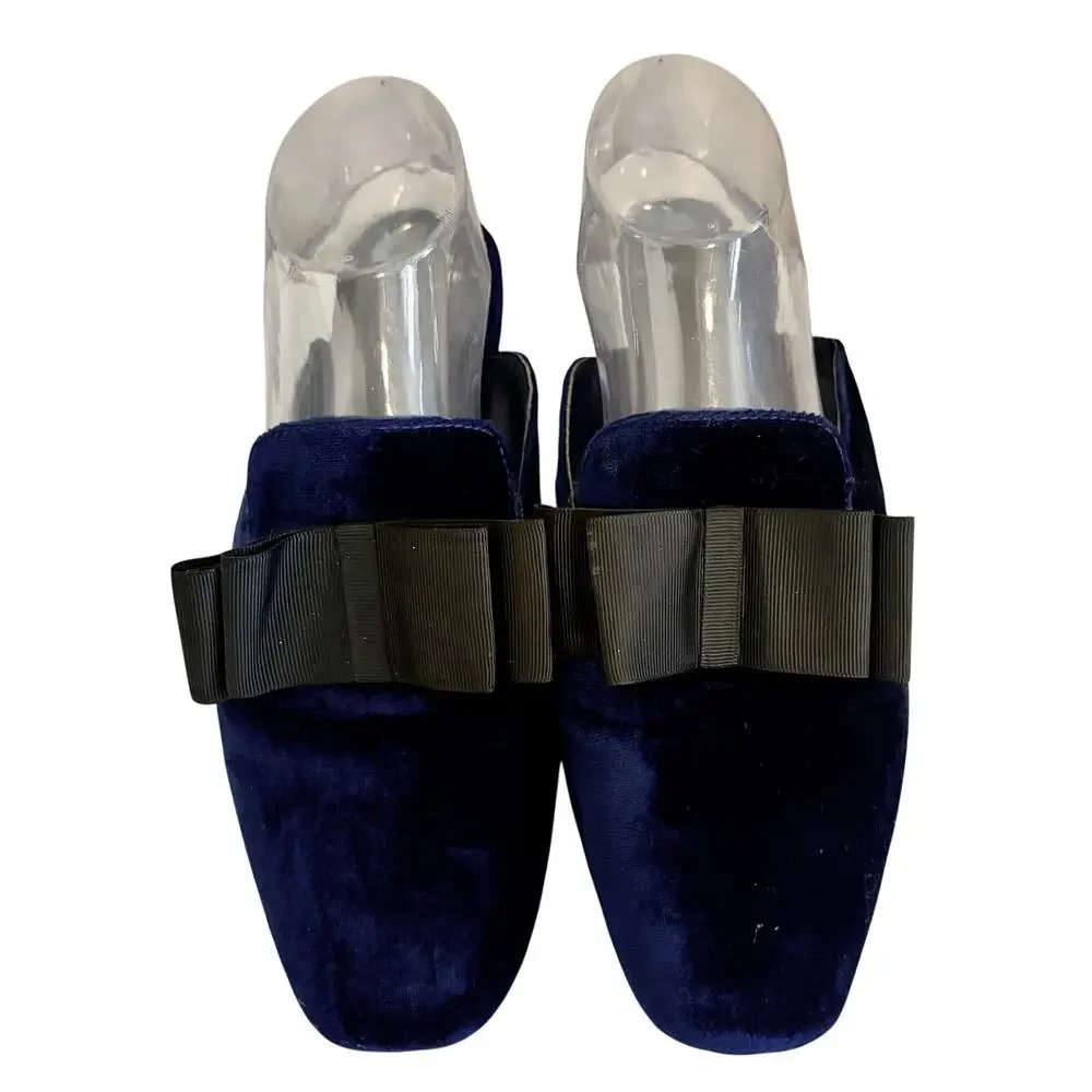 Joie Jean Navy Blue Velvet Leather Mules w/ Bow Flat Slides Glam Coquette